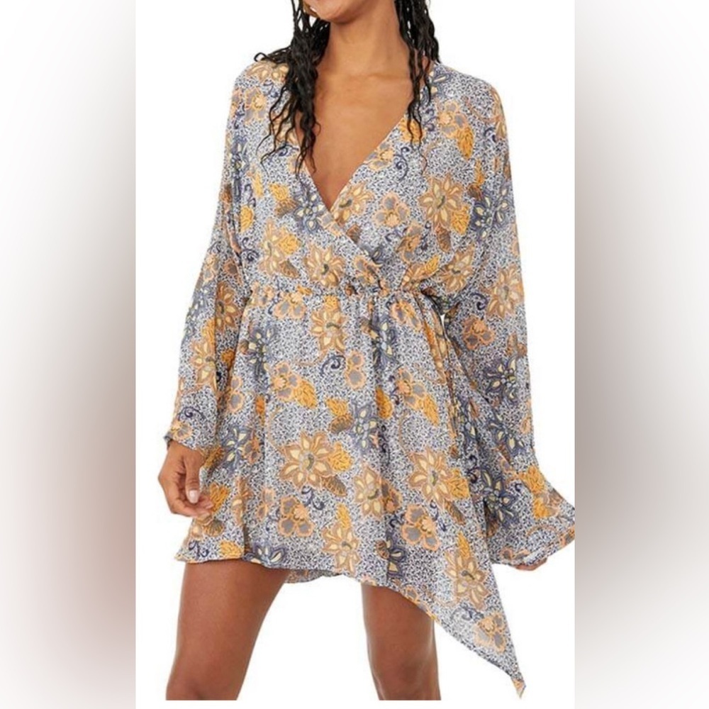 Free People Mini Dress Sky Combo Floral Teegan Long Sleeve Women's Size XS NWT